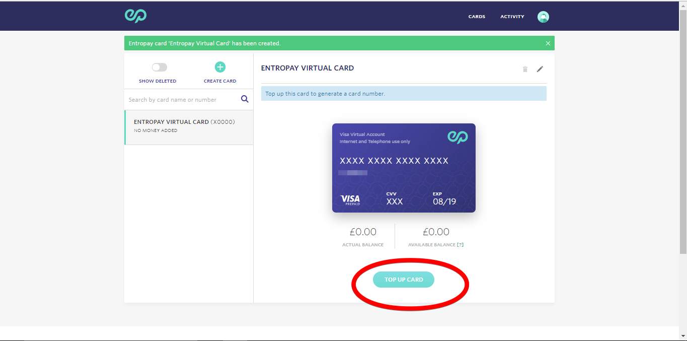 Entropay screenshot displaying how to top up virtual card 1